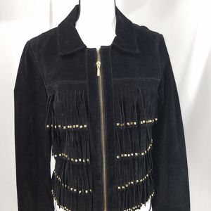 Berek Jacket Black Suede Studded Fringe  Sz PL